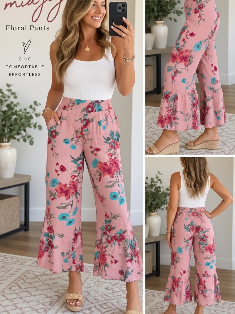 Joyfolie Pink Floral Wide-Leg Ruffle Hem Pants